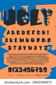 Vector uppercase Latin letters and numerals isolated on an abstract geometric background. Conceptual ugly font.