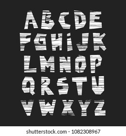 Vector uppercase modern alphabet. Cut out letters with striped texture on a black background.