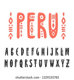 Vector uppercase narrow hand-drawn alphabet in Peruvian style.