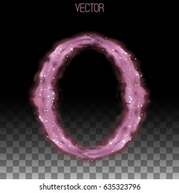 Vector uppercase O letter. Cosmic transparent font. Magenta fog. Stars. Nebula. Mysterious smoke character. Magic.