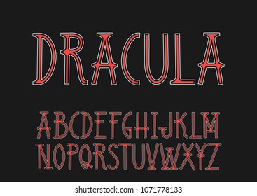 Vector uppercase red and white font "Dracula" in the Art Nouveau style.