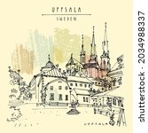 Vector Uppsala, Sweden postcard. Old town travel sketch. Uppsala Cathedral in the French Gothic style, antique buildings, cafe. Vintage touristic postcard, poster or book illustration