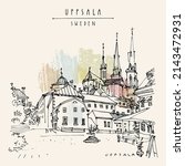 Vector Uppsala, Sweden postcard. Old town travel sketch. Uppsala Cathedral in the French Gothic style, antique buildings, cafe. Vintage touristic postcard, poster or book illustration