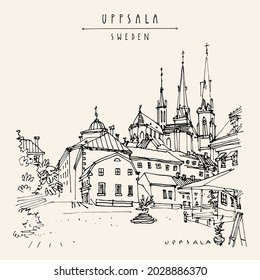 Vector Uppsala, Sweden postcard. Old town travel sketch. Uppsala Cathedral in the French Gothic style, antique buildings, cafe. Vintage touristic postcard, poster or book illustration