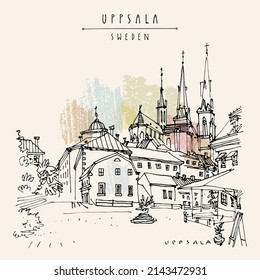 Vector Uppsala, Sweden postcard. Old town travel sketch. Uppsala Cathedral in the French Gothic style, antique buildings, cafe. Vintage touristic postcard, poster or book illustration