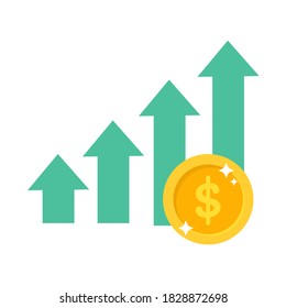 Vector upward green arrow Business growth bar graph There was a dollar coin placed on the side.