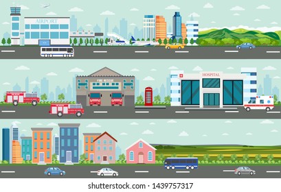 Vector Of Urban Big Cityscape And Rural Area With Modern Buildings, Skyscrapers, Houses, Airport, Hospital, Fire Department And Passing By Cars And Buses. 