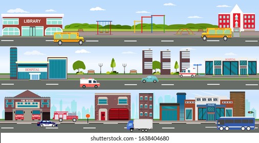 Vector Of Urban Cityscape And Rural Area With Modern Buildings, Skyscrapers, Houses, Hospital, Fire Department, Police Station, School, Library And Passing By Cars And Buses.