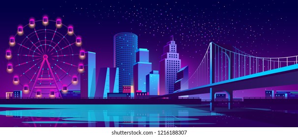 Vector urban concept background with night city illuminated with neon glowing lights. Futuristic cityscape with modern buildings, high skyscrapers, Ferris wheel in amusement park on bank of river