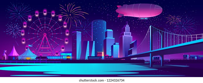 Vector urban concept background with night city illuminated with neon glowing lights. Festive cityscape with modern buildings, skyscrapers, amusement park with ferris wheel and firework on river bank