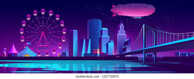 Vector urban concept background with night city illuminated with neon glowing lights. Futuristic cityscape with modern buildings, high skyscrapers, Ferris wheel in amusement park on bank of river