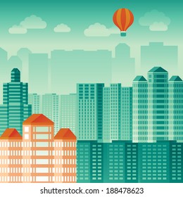 Vector urban concept in flat style - skyscrapers and modern tall buildings - city illustration