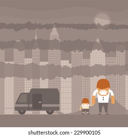 Vector urban ecology concept or background with cityscape and smoke clouds