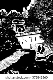 Vector. Urban graphic yard drawing of city. Monochrome sketch illustration on a white background. Kiev