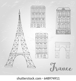 Vector urban icon with buildings and Eiffel Tower for postcards or web banner.Hand drawn Paris scene, vintage France.