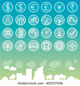 Vector Urban Icons And Currency Symbols With Simple City Illustration Footer