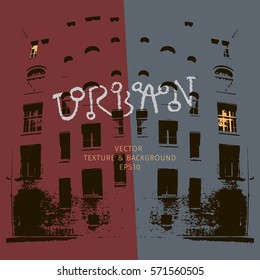 Vector urban image with bright spots and lighting in windows. Grunge vector background. Black windows and graphics of buildings with texture.