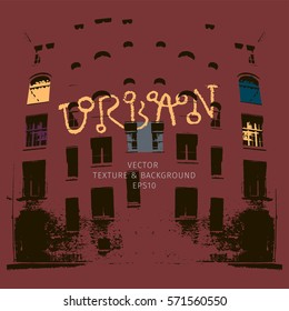 Vector urban image with bright spots and lighting in windows. Grunge vector background. Black windows and graphics of buildings with texture.