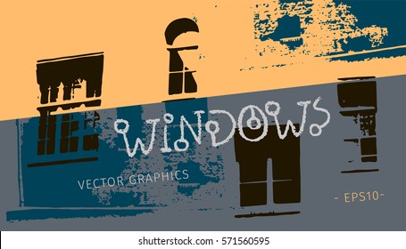 Vector urban image with bright spots and lighting in windows. Grunge vector background. Black windows and graphics of buildings with texture.