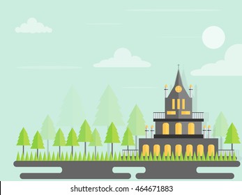 vector urban landscape with building and  tree  soaring in the sky.