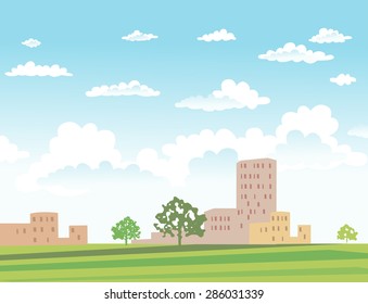 Vector urban landscape with buildings and trees on sunny day