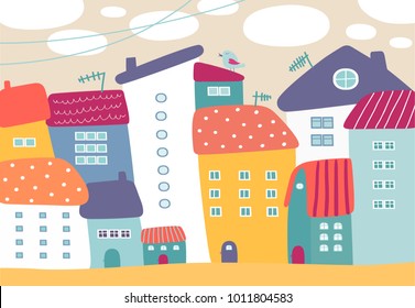 Vector urban landscape with colorful houses on a beige background. Cartoon illustration. 
