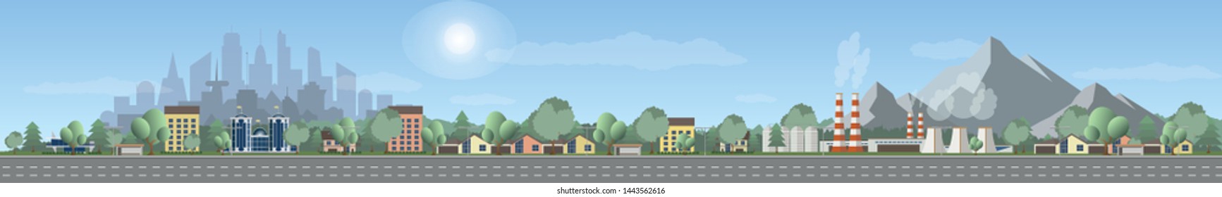 Vector of urban landscape with empty highway, with industry zone over mountain landscape, Panoramic cartoon, modern cityscape over green trees and blue sky.