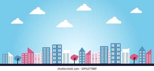 Vector urban landscape illustration design with large modern building. Banner and poster design illustration.