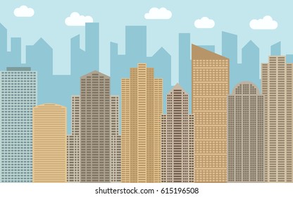 Vector urban landscape illustration. Street view with cityscape, skyscrapers and modern buildings at sunny day. City space in flat style background concept.
