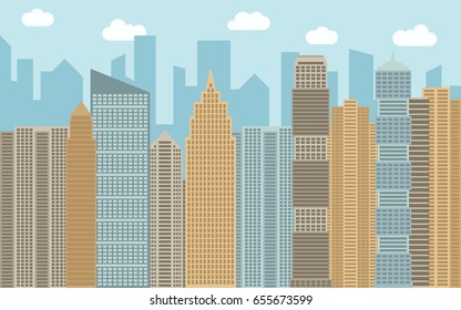 Vector urban landscape illustration. Street view with cityscape, skyscrapers and modern buildings at sunny day. City space in flat style background concept.
