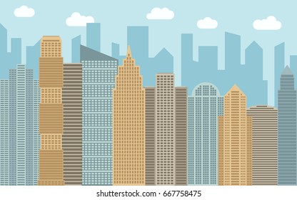 Vector urban landscape illustration. Street view with cityscape, skyscrapers and modern buildings at sunny day. City space in flat style background concept.

