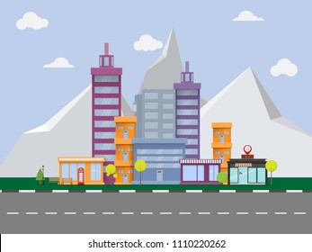 Vector urban landscape with large modern buildings