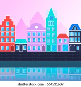 Vector urban landscape. Modern flat cartoon style, neon colors. Buildings of different height standing at embankment