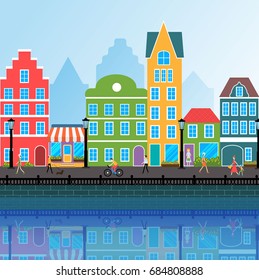 Vector urban landscape. Modern flat cartoon style, trendy colors. Buildings of different height standing at embankment, people strolling on pavement.
