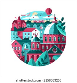 Vector urban landscape placed in a circle. A composition with urban buildings, the sea, various vehicles.