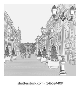 Vector Urban landscape, the wide avenue with vintage buildings and beautiful lanterns in St. Petersburg, Russia