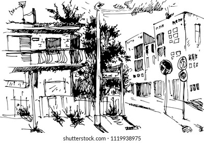 Vector Urban landscapes in hand drawn ink line style. Old city street sketch on white background. illustration
