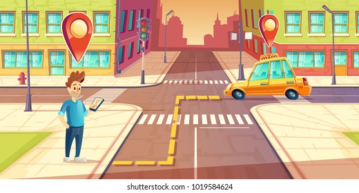 Vector urban navigation, taxi service application concept, advertising template. Illustration with young man character on street, smartphone, taxi car route with pointers, cartoon cityscape background