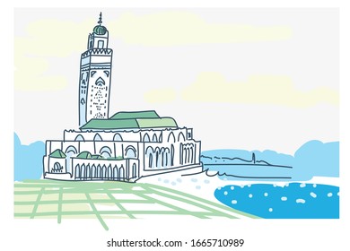 Vector urban sketch of ancient mosque. Morocco travel. Hand drawn vector illustration. Casablanca