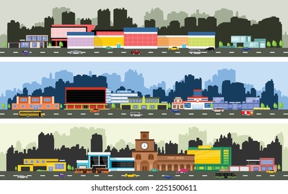 Vector urban streets with various urban buildings, houses, shops, hotels and supermarkets. Vector illustration