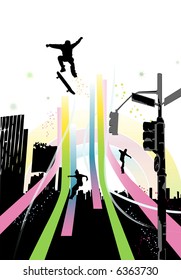 vector - urban vibes - people skating on some rainbow line with the sky line of a city on the back