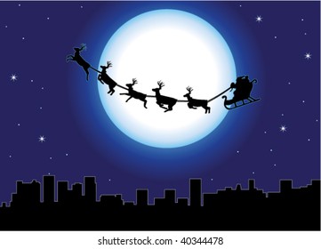 vector urban xmas holiday background with santa claus flying over a city