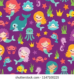 Vector urple Mermaids and Friends Seamless Pattern Background. Perfect for fabric, scrapbooking, kids, stationary, and home decor projects.