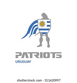Vector Uruguay Flag Patriots Soldier Logo. Mascot Character Design. Memorial Day Army man with Shield. Vector Freedom Leader Logo illustration