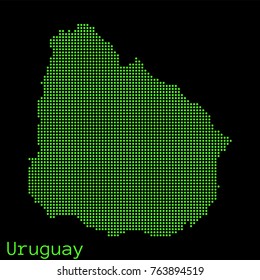 Vector Uruguay map dotted silhouette with green dots on a black background (as on old ancient computers running DOS)