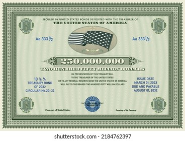 Vector US 250 million dollars treasury note. Green frame with guilloche pattern. American currency symbol, flag and blue bank seal