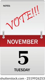 Vector. US Election day. November 5 daily flip calendar icon with VOTE text. 
