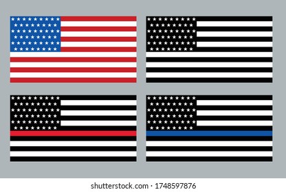 Vector US flag set, America flag with a thin blue line - a sign to honor and respect american police, army and military officers.