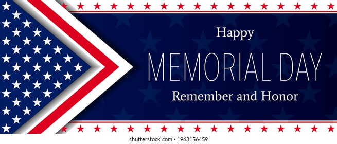 Vector of US Memorial Day celebration background banner or greeting card, with text and USA flag elements.