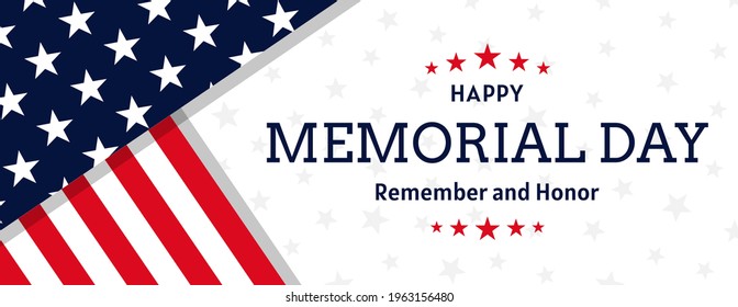 Vector of US Memorial Day celebration background banner or greeting card, with text and USA flag elements.